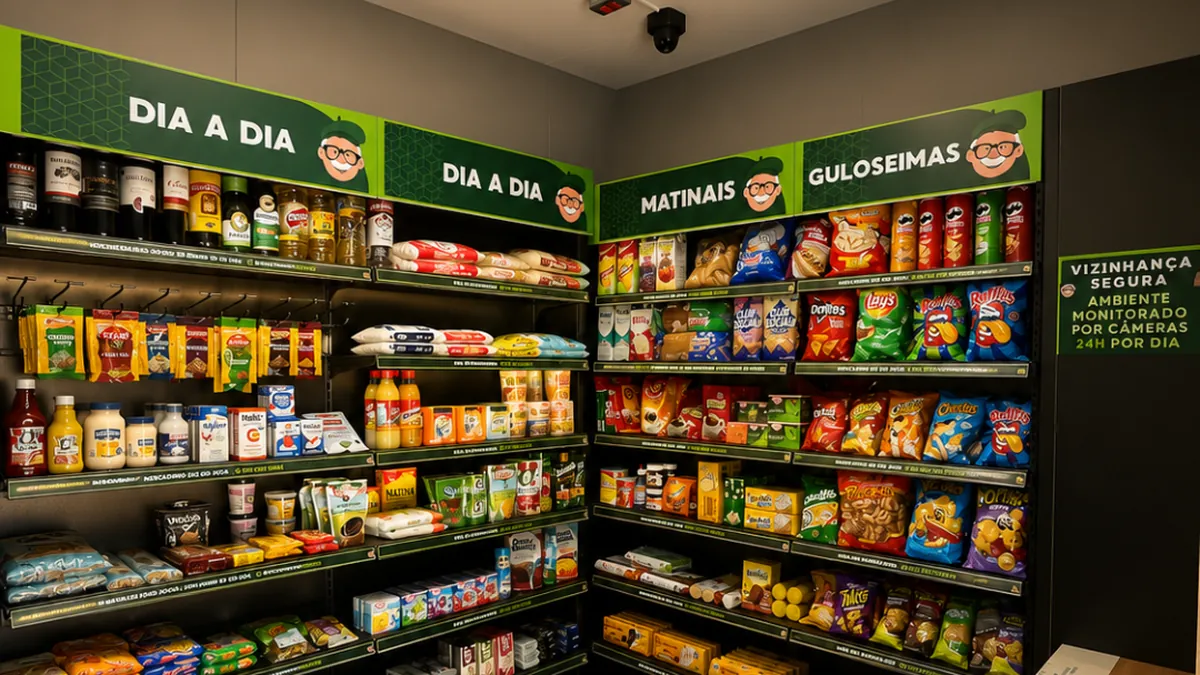 Canto de uma loja do Seo Juca com gôndolas de Dia a Dia, Matinais e Guloseimas e placa de ambiente monitorado por câmeras