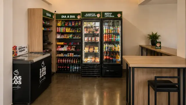Loja do Seo Juca dentro de uma empresa, com geladeiras, prateleiras e uma bancada com banco alto