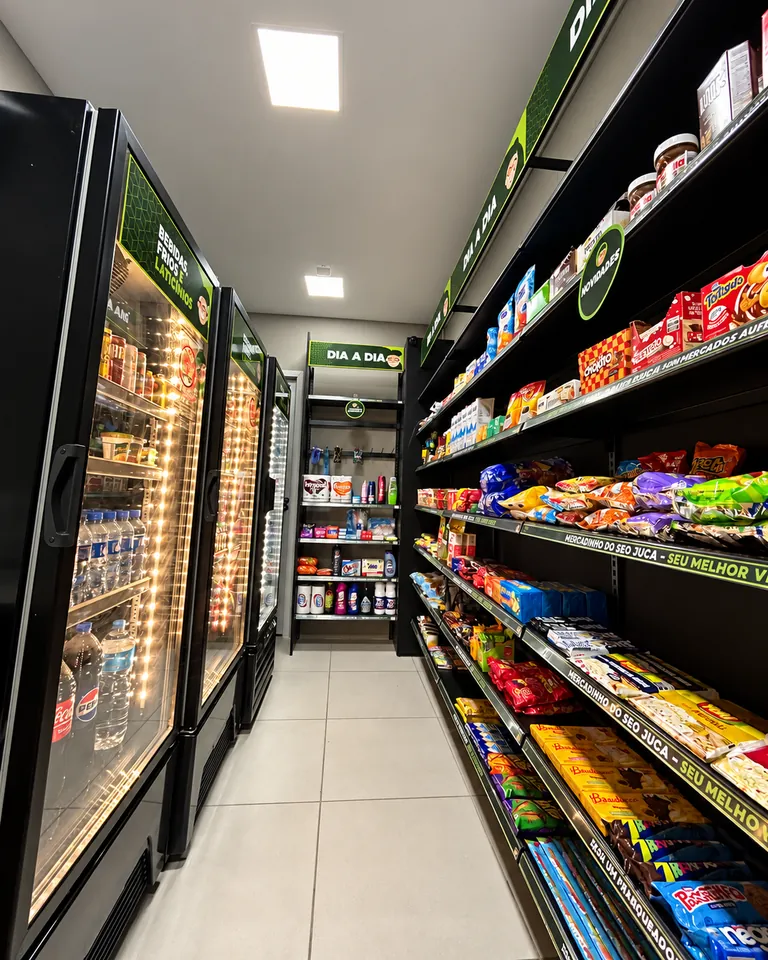 Corredor de uma loja do Seo Juca com geladeiras de um lado e gôndolas do outro
