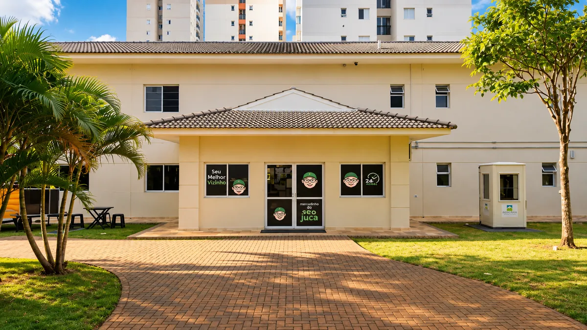 Fachada de uma loja do Seo Juca dentro de um condomínio, com jardim e prédios ao fundo