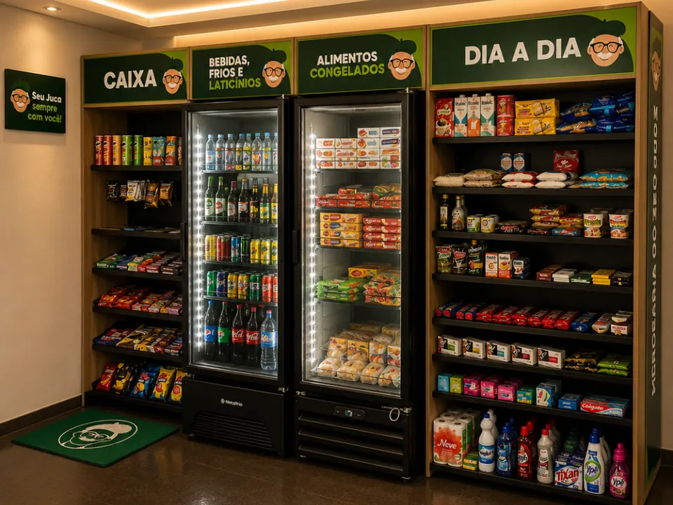 Loja compacta do Seo Juca com geladeiras e prateleiras abastecidas