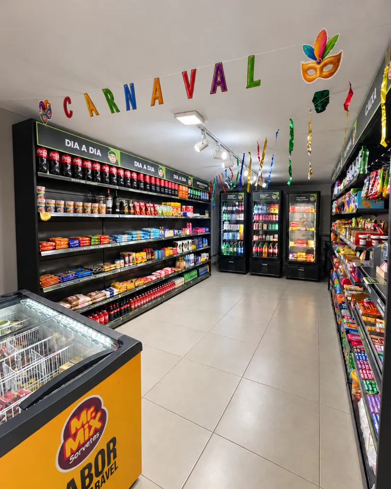 Corredor de uma loja do Seo Juca decorado para o Carnaval, com faixa colorida e máscaras