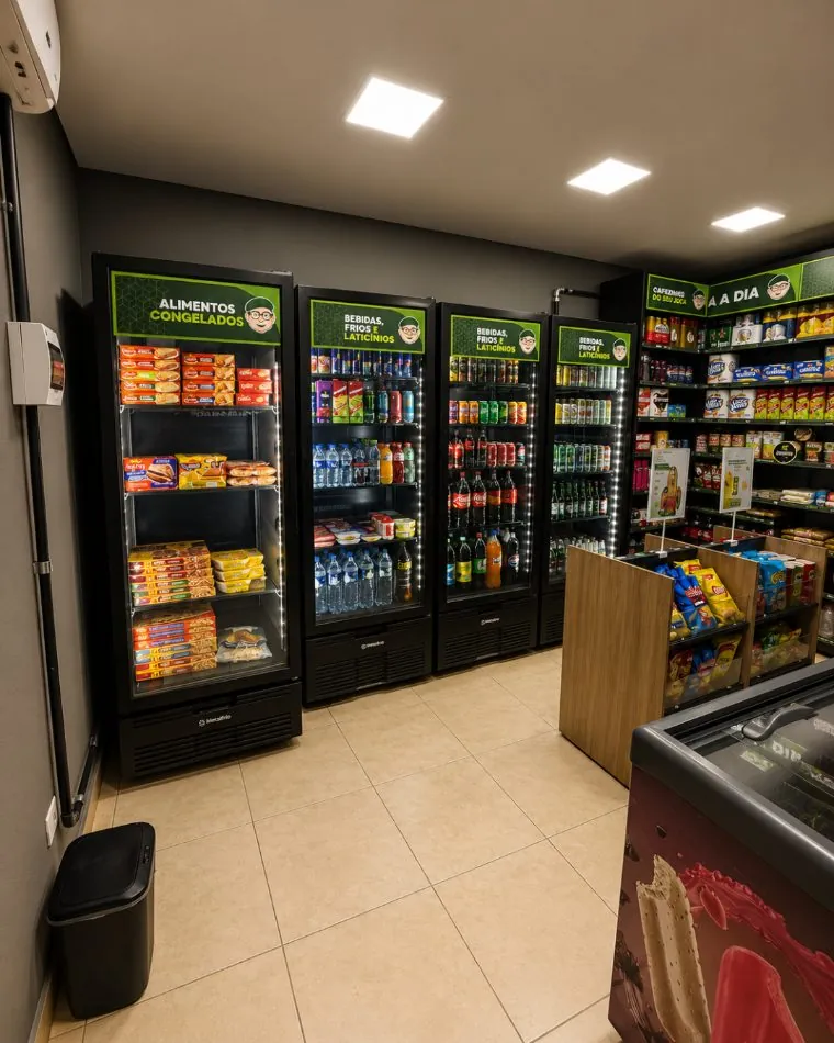 Geladeiras e bebidas na loja de um condomínio
